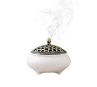 Quemador de incienso de cerámica con tapa de metal, refractario, cuenco de incienso redondo de porcelana china, incienso para meditación, decoración de salón y oficina (blanco)