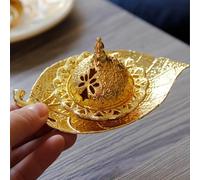 Quemador de incienso de metal de mano con bandeja de hojas, quemador de incienso de cono dorado vintage, recipiente de incienso árabe antiguo para yoga, spa, decoración del hogar