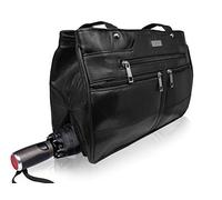 Quenchy London QL172M - Bolso de cuero para mujer con 9 bolsillos, compartimento para paraguas, 3 secciones principales grandes, tamaño mediano, color negro, Piel de vaca granulada, Medium