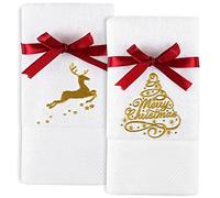 Quera Paquete de 2 Toallas de Mano de Navidad con diseño de Reno de árbol de Navidad, 100% algodón Bordado, decoración de Lujo de Primera Calidad, Juego de baño para secar, Limpiar, cocinar, Juego de
