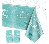 QUERICKY 2 Paquete de Manteles Azul Teal y Plateado Feliz Cumpleaños, 130x220cm Mantel Rectangular Azul Teal Plateado para Mujeres Niñas Cumpleaños Decoración de Fiestas Suministros