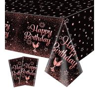 QUERICKY 2 Paquete de Manteles de Oro Rosa Feliz Cumpleaños, 130 x 220cm Negro y Oro Rosa Mantel Rectangular para Mujeres Niñas Fiesta de Cumpleaños Decoración Suministros