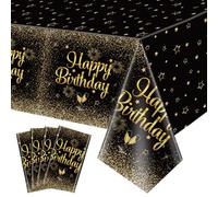 QUERICKY 4 Paquete de Manteles de Feliz Cumpleaños Negro y Dorado, 130 x 220cm Mantel Rectangular Negro Dorado para Hombres Mujeres Niños Niñas Cumpleaños Decoración de Fiestas Suministros