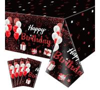 QUERICKY 4 Paquete de Manteles de Feliz Cumpleaños Rojo y Negro, 220x130cm Manteles Rectangulares de Fiesta de Cumpleaños para Mujeres Niñas Decoraciones de Fiesta de Cumpleaños Suministros