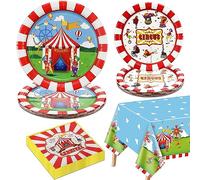 QUERICKY Decoraciones de fiesta de carnaval para 20 invitados, incluye platos de papel de carnaval, servilletas, mantel para decoraciones de fiesta de carnaval de circo, fiesta de cumpleaños infantil