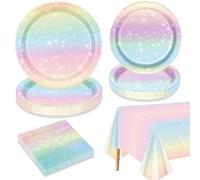 QUERICKY Decoraciones de Fiesta de Cumpleaños Arco Iris Pastel para 20 Invitados, Incluye Platos de Papel Arco Iris Pastel, Servilletas, Mantel Arco Iris para Decoración de Fiesta de Cumpleaños
