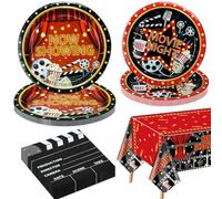QUERICKY Decoraciones de Fiesta de Noche de Película para 20 Invitados, Incluye Platos de Papel, Servilletas, Mantel para Fiesta de Cumpleaños Noche de Cine Decoración de Alfombra Roja