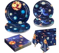 QUERICKY Espacio Exterior Decoraciones de Fiesta para 20 Invitados, Incluye Planeta Astronauta Platos de Papel, Servilletas, Mantel para Fiesta de Cumpleaños Infantil con Tema del Sistema Solar