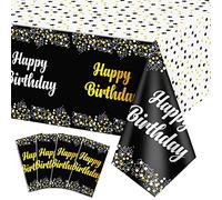 Quericky - Juego de 4 manteles para fiestas de cumpleaños, color negro y dorado, 137 x 274 cm, para decoración de cumpleaños 18, 20, 21e, 30e, 40e, 50e, 55e, 60ª