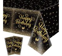 QUERICKY Manteles de Feliz Cumpleaños Negro y Dorado, 130 x 220cm Mantel Rectangular Negro Dorado para Hombres Mujeres Niños Niñas Cumpleaños Decoración de Fiestas Suministros (2)
