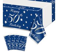 QUERICKY Paquete de 4 Manteles de Cumpleaños 50º Azul Marino Cubierta de Mesa Rectangular para Hombres y Mujeres Decoraciones de Fiesta de Cumpleaños 50º años Azul Plata, 220x130cm