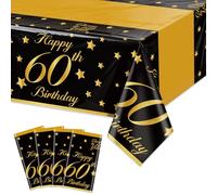 QUERICKY Paquete de 4 Manteles de Cumpleaños 60º Negro y Dorado Cubierta de Mesa Rectangular para Hombres y Mujeres Decoraciones de Fiesta de Cumpleaños 60º, 220x130cm