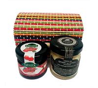 Queso de oveja y vaca fundido y mermelada de fresa en cofre de colores. Detalles para invitados en bodas, bautizos, comunión o eventos en general