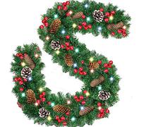 Queta Adornos Guirnalda de Navidad con Luces, Guirnalda de Abeto Decoración Navideña con Flores Lámparas Hermosas Decoración Navideña para Escaleras, Paredes, Puertas 2.7m (Pino)