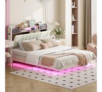 Queta Cama Acolchada 140x200 con iluminación LED y Toma USB, Espacio de Almacenamiento en el cabecero