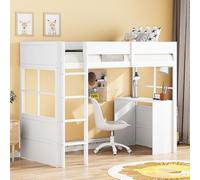 Queta Camastro Alto de Madera de 90x200 cm, Escalera Segura, con Mesa, diseño de Cerca Alta, Cama Individual para niños, Blanco