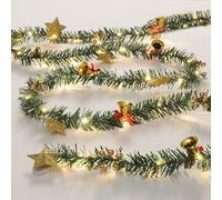 Queta Guirnalda de Navidad Decoración Artificial Guirnalda de Navidad con Campanas Tintineantes, Estrellas, Bayas y Luces LED para Puerta, Escaleras, Chimeneas, Corona de Navidad 2,6m/8,5FT (Campanas