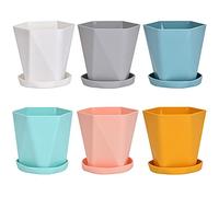 Queta Juego de 6 macetas de plástico con posavasos, macetas de plástico para plantas en miniatura (rosa, amarillo, azul, blanco, verde, gris)