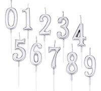 Queta Velas Cumpleaños, 10 PCS Velas de Tarta de Cumpleaños Número de 0 a 9 Decoración de la Torta para Fiesta (Silver)