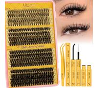 QUEWEL 320 PCS 30+40+50+60D Extensiones de Pestañas, longitudes mixtas 10-16 mm, grupos de pestañas densas con pegamento para pestañas y pinza para pestañas, fácil de realizar en casa (kit 30D-60D)