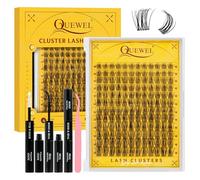 QUEWEL Lash Extension Set 144 pcs: delicadas extensiones de pestañas con pegamento y sellador, pestañas en grupo para una apariencia natural con una banda fina, fácil de aplicar (FD-A)