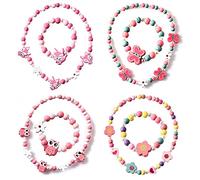 QUHEEE Conjunto de Joyas para Niñas: Collar y Pulseras de Madera con Diseño de Flores y Animales, 8 Piezas, Multicolor, para Cumpleaños y Fiestas Temáticas de Princesas