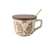 QUHUOYAO Tazas de café de cerámica de 325 ml, taza de cerámica hecha a mano con tapa de madera y cuchara, tazas de té de gres artístico con asa para capuchino latte, cacao, leche y té (hoja marrón)