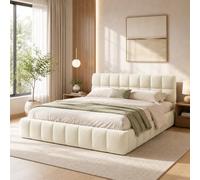 Quiaviank Bubble - Cama de matrimonio acolchada 140x200 cm con respaldo suave, estructura de cama juvenil con somier, sin colchón, lino, color beige