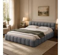 Quiaviank Bubble - Cama de matrimonio acolchada 140x200 cm con respaldo suave, estructura de cama juvenil con somier, sin colchón, lino, color beige