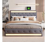 Quiaviank Cama doble tapizada de 140 x 200 cm con estación de carga e iluminación LED, espacio de almacenamiento, estructura de cama con 4 espacios de almacenamiento, marco de cama con cabecero y