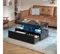 Quiaviank Mesa de centro brillante con LED, moderna mesa de salón con 2 cajones extensibles y estante expositor abierto, sofá mesa auxiliar 104 x 53 x 46 cm, color negro