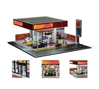 Quibuilds Diorama de gasolinera japonesa a escala 1:64 con iluminación, compatible con modelos de coche 1:64, ideal para coleccionar vitrinas y escenas interactivas de juego de rol (coches y figuras