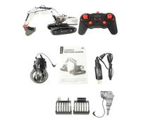 Quibuilds Excavadora RC de aleación a escala 1/14 con agarrador de bolas, garra y taladro, control remoto de 22 canales y efectos de sonido de luces, regalo para los amantes de los vehículos de