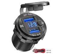 Quick Charge 3.0 Enchufe USB Doble, Qidoe Aluminio Metal 12V/24V Salida con voltímetro LED e Interruptor de botón de ON/Off Salida USB Dual Impermeable para Auto, RV, Barco, Marino, camión