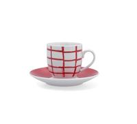 Quid Kansas Juego de 6 Tazas de Porcelana con Plato, 90ml, Diseño Cuadrícula Roja y Blanca, Apto para Lavavajillas