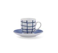 Quid Kansas Juego de 6 Tazas y Platos de Porcelana, 90ml, Diseño de Cuadrícula Azul y Blanco, Apilables, Apto para Microondas y Lavavajillas