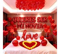 Quieres Ser Mi Novia - Globos decorativos rojos del alfabeto del amor con globos de corazón, 1000 pétalos de rosa artificiales, 24 velas LED sin llama para decoraciones románticas de noche especial