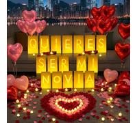 Quieres Ser Mi Novia - Letrero con letras iluminadas, 17 bolsas de papel luminosas, 2200 pétalos de rosa artificiales rojos y rosas, 48 velas LED sin llama, 15 globos de corazón, noche romántica, día