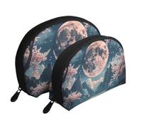Quiet Cherry Blossoms with The Moon - Bolsas de maquillaje con estampado de 2 piezas portátil de concha de viaje, White, Talla única