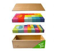 Quiggly Montessori - Juego de bloques de construcción de madera arcoíris, juguete educativo de 68 piezas para niños pequeños, incluye caja de almacenamiento con asas de transporte, ideal para edades