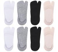 Quilax 4 pares de calcetines No Show Tabi, calcetines antideslizantes para flip flop, calcetines de algodón para flip flop para mujer, calcetines elásticos con puntera dividida para zapatos Tabi