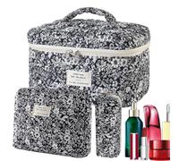 Quilted Makeup Bag - 3 Piece Cotton Cosmetic Organizer Set | Zipper Closure Design, Multiple Storage Sizes, Lightweight Travel Organizer, for Cosmetics Toiletries Daily Use & Trips