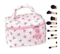 Quilted Makeup Bag, Aesthetic Bow Cosmetic Pouch, Large Capacity Travel Storage, Soft Quilted Design for Toiletry and Makeup Organizer, 8.86x5.91x5.91 Inches