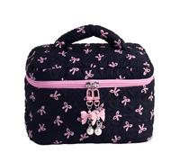 Quilted Makeup Bag, Aesthetic Cute Bow Pouch, Large-Capacity Cosmetic Holder Case, Reusable Makeup Storage Organizer for Travel & Home, 8.86x5.91x5.91 Inches