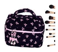 Quilted Makeup Bag - Cute Aesthetic Bow Pouch, Soft Reusable Cosmetic Storage Organizer | Large Capacity Holder For Toilet, Purse, Vanity, Bathroom, Girls, Women, Travel, Holiday, Daily Makeup