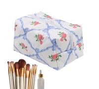 Quilted Makeup Bag, Large Capacity Travel Toiletry Pouch, Portable Cosmetic Organizer with Zipper, Waterproof Storage Case for Women and Girls, 6.3x3.74x3.94 Inches, Pink/Blue