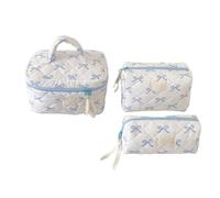 Quilted Makeup Bag Set with Bow Print Design for Women, Large Capacity Travel Toiletry Organizer with Zipper (3pcs-D)