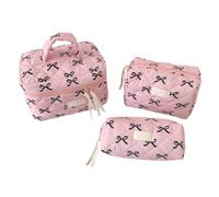 Quilted Makeup Bag Set with Bow Print Design for Women, Large Capacity Travel Toiletry Organizer with Zipper (3pcs-F)
