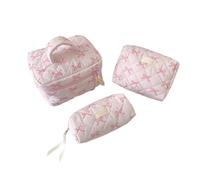 Quilted Makeup Bag Set with Bow Print Design for Women, Large Capacity Travel Toiletry Organizer with Zipper (3pcs-E)