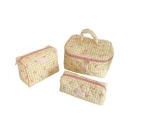 Quilted Makeup Bag Set with Bow Print Design for Women, Large Capacity Travel Toiletry Organizer with Zipper (3pcs-B)